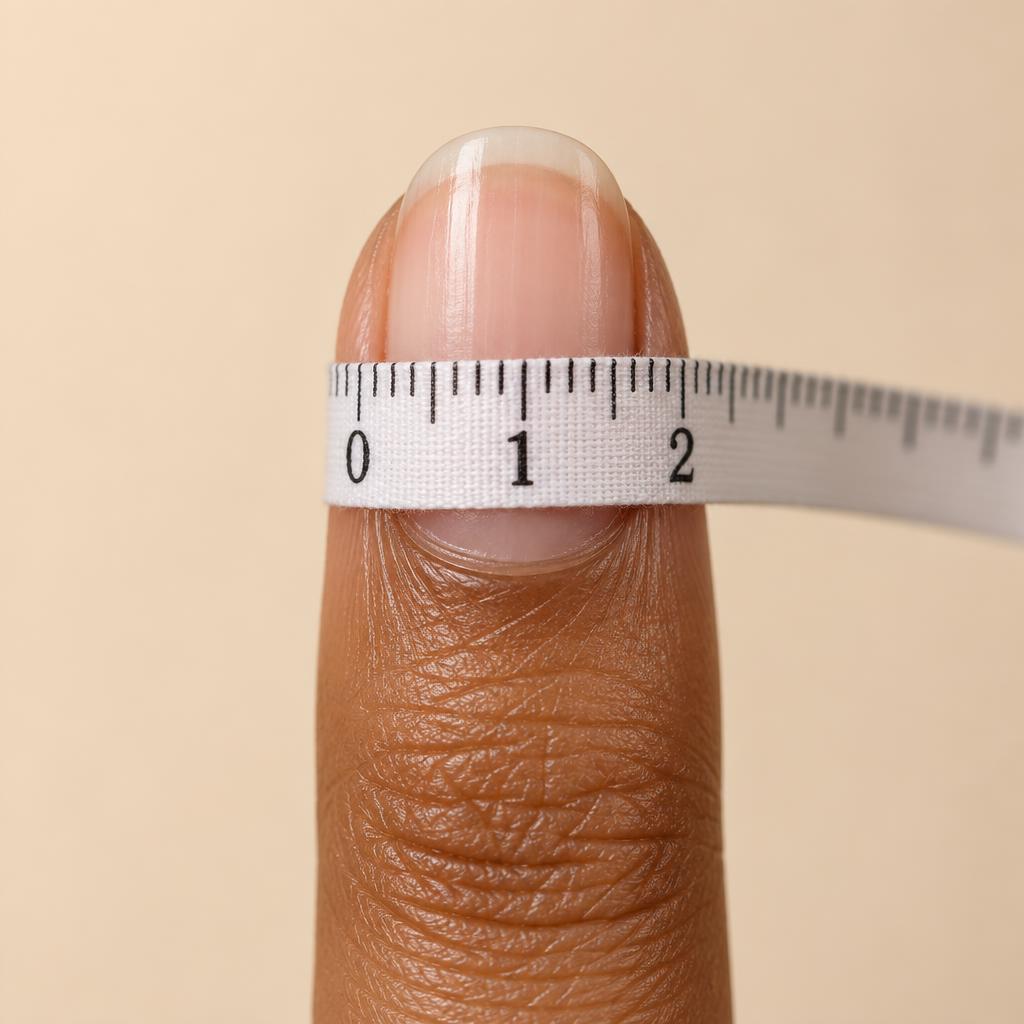Finger with a measuring tape wrapped around the nail to find the widest point